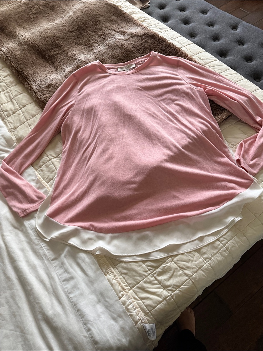 LOFT Pink Long-Sleeve Top with White Layered Hem